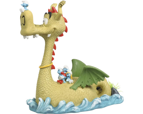Décoration d'aquarium AQUA DELLA schtroumpfs sur le dragon env. 16 x 8 x 17 cm résine polyester Figurine Schtroumpf dragon sur base d''eau