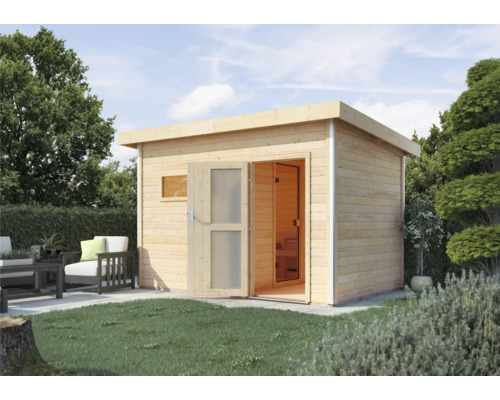 Chalet sauna Karibu Topas 2 avec poêle 9 kW et commande externe, avec portes en bois avec verre opale Chalet sauna Karibu Topas 2 avec poêle 9 kW et commande externe, avec portes en bois avec verre opale