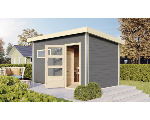 Chalet sauna Karibu Skrollano 3 sans poêle avec vestibule et porte en bois avec verre à isolation thermique gris terre/blanc Chalet sauna Karibu Skrollano 3 sans poêle avec vestibule et porte en bois avec verre à isolation thermique gris terre/blanc