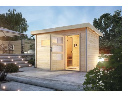 Chalet sauna Karibu Topas 3 avec poêle bio 9 kW et commande externe, avec entrée et porte en bois avec verre transparent Chalet sauna Karibu Topas 3 avec poêle bio 9 kW et commande externe, avec entrée et porte en bois avec verre transparent