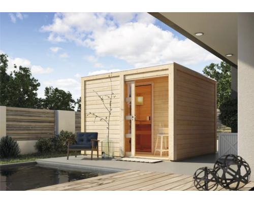 Chalet sauna Karibu Zirkon 1 sans poêle, avec entrée et portes en bois avec verre transparent Chalet sauna Karibu Zirkon 1 sans poêle, avec entrée et portes en bois avec verre transparent