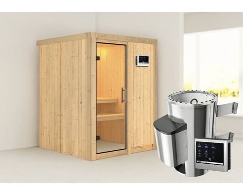 Sauna modulaire Karibu Sinja avec poêle 3,6 kW et commande externe, sans couronne, avec porte entièrement vitrée transparente Sauna modulaire Karibu Sinja avec poêle 3,6 kW et commande externe, sans couronne, avec porte entièrement vitrée transparente