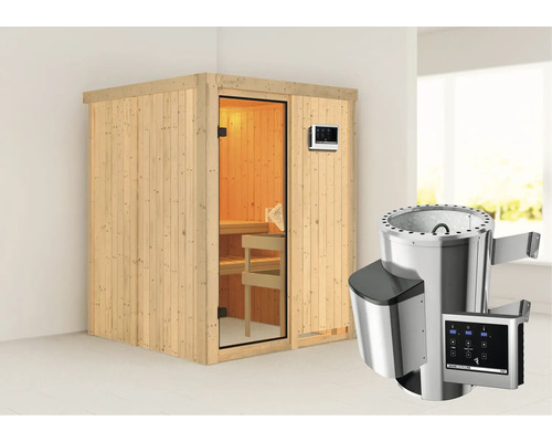 Sauna modulaire Karibu Sinja avec poêle 3,6 kW et commande extérieure, sans couronne Sauna modulaire Karibu Sinja avec poêle 3,6 kW et commande extérieure, sans couronne