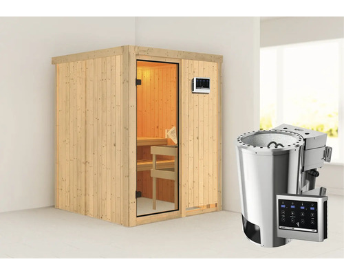 Elementsauna Karibu Sinja inkl. 3,6 kW Bio Ofen u.ext.Steuerung ohne Dachkranz mit bronzierter Ganzglastür