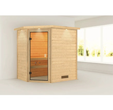 Sauna en madriers Woodfeeling Svea sans poêle avec couronne et porte vitrée coloris bronze