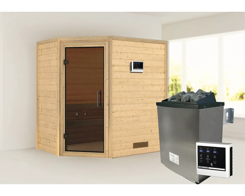Sauna en bois massif Karibu Svea avec poêle 9 kW et commande externe sans couronne avec porte entièrement vitrée couleur graphite Sauna en bois massif Karibu Svea avec poêle 9 kW et commande externe sans couronne avec porte entièrement vitrée couleur graphite