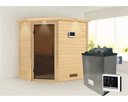 Massivholzsauna Karibu Svea inkl.9 kW Ofen u.ext.Steuerung mit Dachkranz und graphitfarbiger Ganzglastüre Massivholzsauna Karibu Svea inkl.9 kW Ofen u.ext.Steuerung mit Dachkranz und graphitfarbiger Ganzglastüre