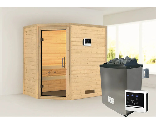 Sauna en bois massif Karibu Svea avec poêle 9 kW et commande externe sans couronne avec porte entièrement vitrée en verre transparent Sauna en bois massif Karibu Svea avec poêle 9 kW et commande externe sans couronne avec porte entièrement vitrée en verre transparent