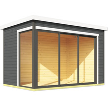 Abri de jardin moderne avec portes coulissantes en verre pour un intérieur lumineux.