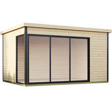 Abri de jardin en bois avec de grandes façades vitrées pour l'extérieur