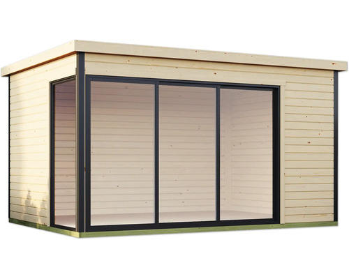 Abri de jardin en bois avec de grandes façades vitrées pour l'extérieur