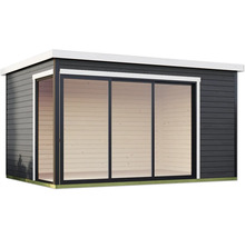 Abri de jardin avec porte coulissante et bardage en bois