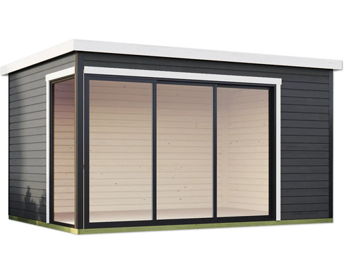 Abri de jardin avec porte coulissante et bardage en bois