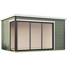 Abri de jardin avec façade en verre et bardage en bois