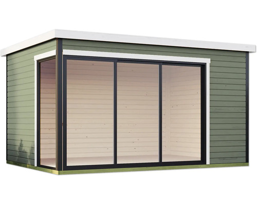 Abri de jardin avec façade en verre et bardage en bois