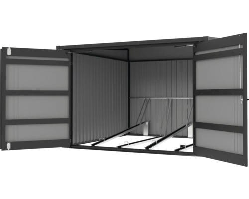 Garage à vélos en métal avec portes ouvertes et support à vélos
