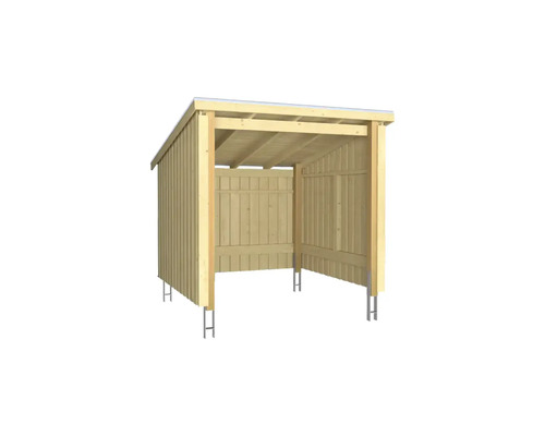 Abri en bois avec toit et supports en acier