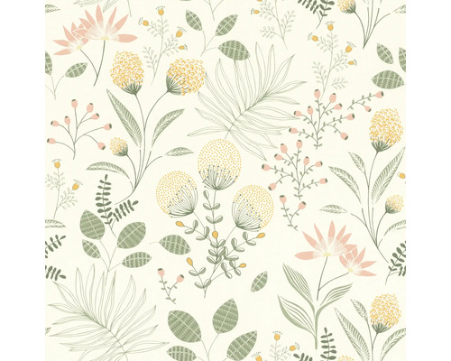 Tapete mit floralem Muster, bestehend aus Blättern und Blüten