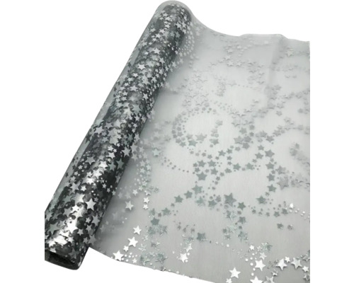 Dekostoff Organza Sterne 36 x 300 cm silber Rolle transparente Folie mit Sternmuster