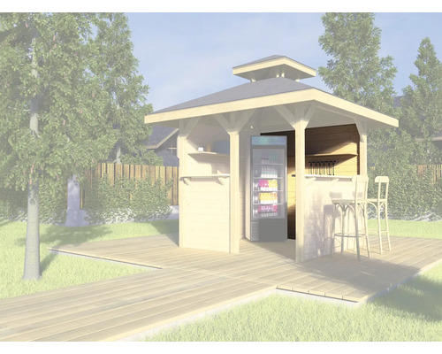 Bar de jardin avec réfrigérateur et tabourets de bar sur terrasse en bois