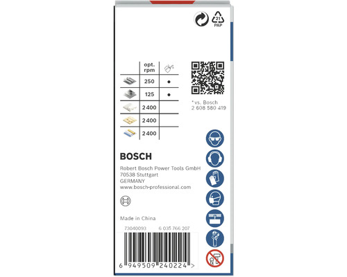 Informations sur les accessoires d''outils Bosch, symbole environnemental papier, consignes de sécurité et code-barres