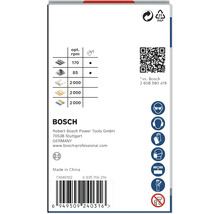 Logo Bosch. Emballage papier avec symbole de recyclage. Tableau des tours par minute. Symboles des équipements de sécurité.