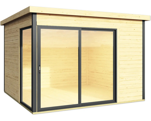 Abri de jardin en bois avec porte coulissante en verre