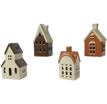 Vier dekorative Keramik-Häuser für Teelichter