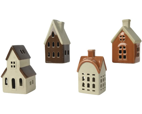 Vier dekorative Keramik-Häuser für Teelichter