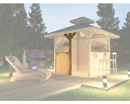 Scène de jardin avec cabane de grillades, barbecue, chaise longue et tabourets de bar sur une terrasse en bois