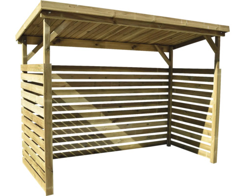 Holzlager mit Dach und horizontalen Lattenwänden