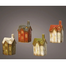 Quatre maisons décoratives en céramique avec ouvertures de fenêtres pour l''éclairage