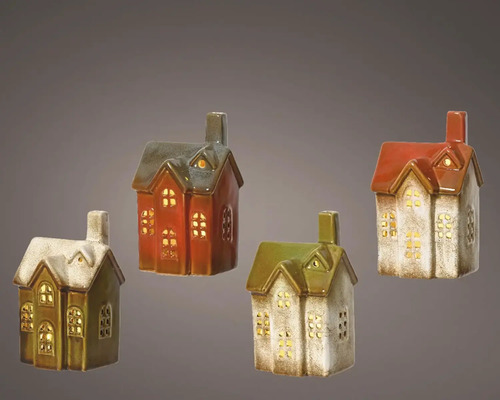 Quatre maisons décoratives en céramique avec ouvertures de fenêtres pour l''éclairage