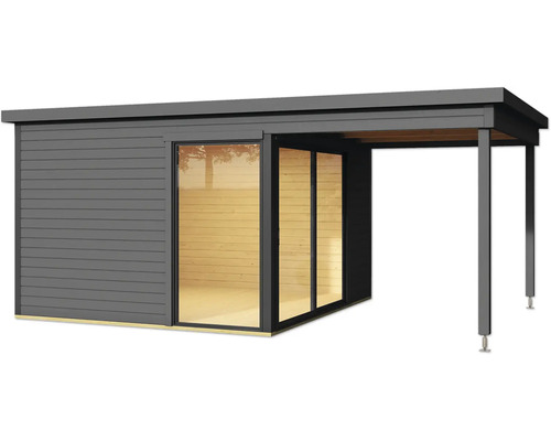 Abri de jardin moderne avec toit plat et terrasse couverte