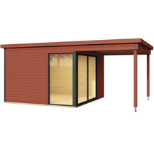 Abri de jardin avec auvent et porte coulissante en bois et verre