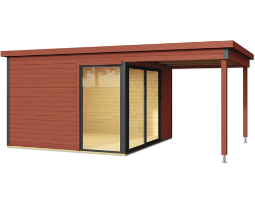 Abri de jardin avec auvent et porte coulissante en bois et verre