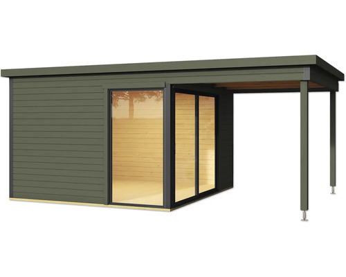 Abri de jardin moderne avec porte coulissante et terrasse couverte