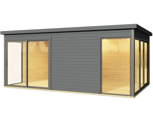 Abri de jardin moderne avec porte coulissante et façade vitrée