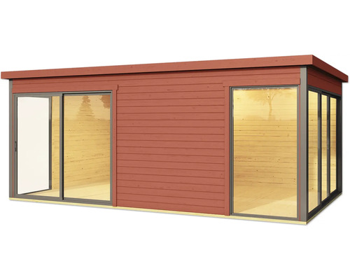 Abri de jardin moderne avec revêtement en bois et grandes baies vitrées