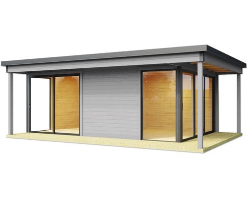 Abri de jardin moderne avec portes coulissantes et terrasse couverte