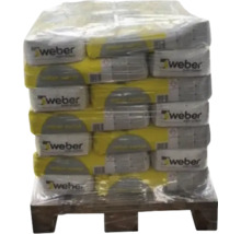Palette mit mehreren Säcken Weber Zementmörtel, verpackt in Folie.