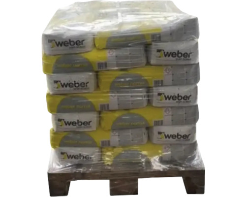 Palette mit mehreren Säcken Weber Zementmörtel, verpackt in Folie.