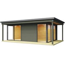 Abri de jardin moderne avec portes coulissantes et terrasse en bois