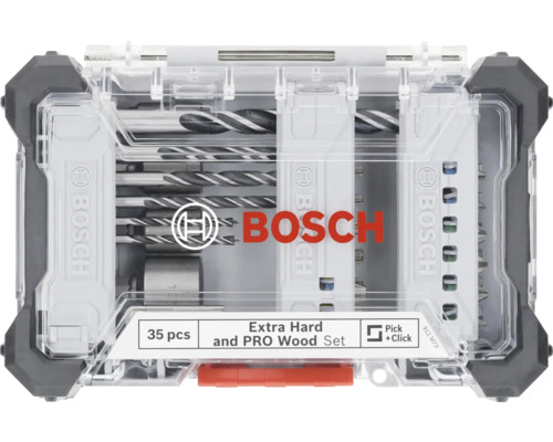 Bosch Logo. 35-teiliges Bohrerset und Schrauberbit-Set für Holz in transparenter Kunststoffbox.