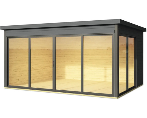 Abri de jardin avec portes coulissantes et revêtement en bois