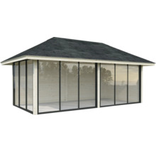 Maison de jardin en bois avec parois en verre et toit en tuiles