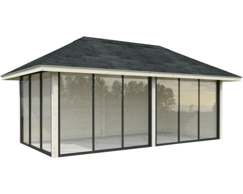 Maison de jardin en bois avec parois en verre et toit en tuiles