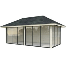 Abri de jardin en bois avec façade en verre et toit bitumé