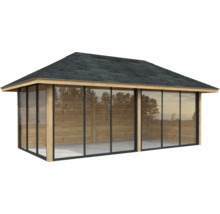 Freistehender Pavillon mit Holzrahmen, Glaswänden und Ziegeldach