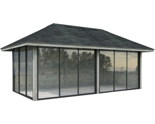 Gartenpavillon mit Glaswänden und Schindeldach